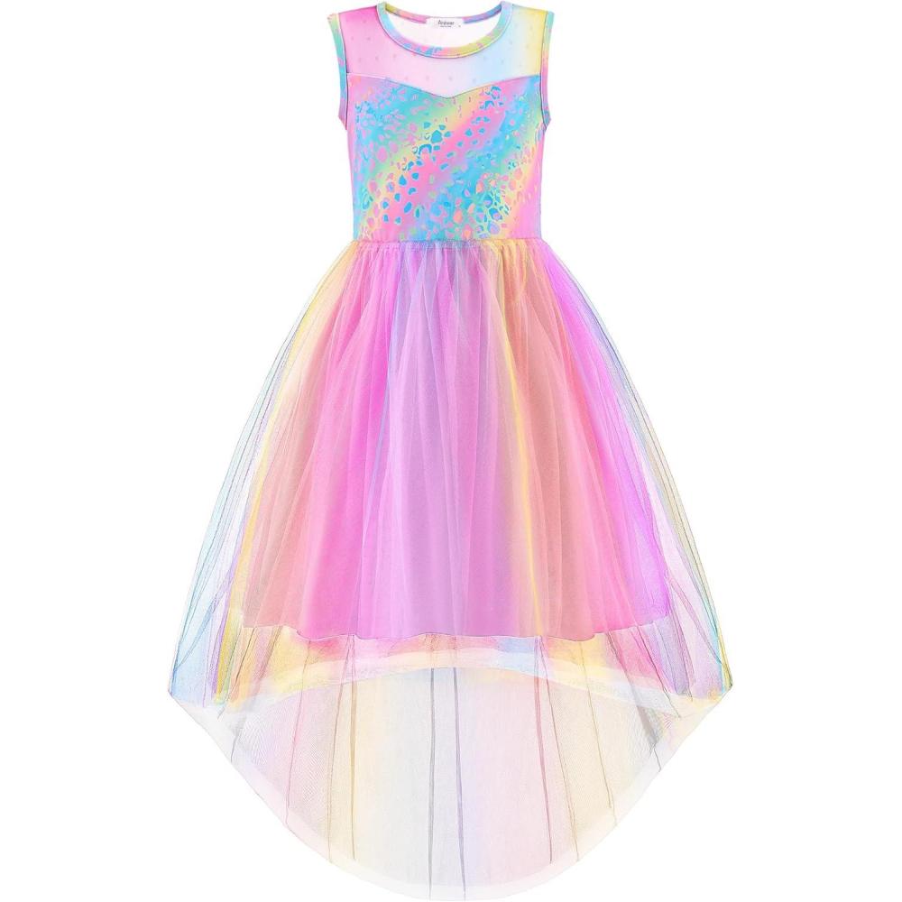 imageArshiner Girls Dresses Formal Party Wedding Tulle Sleeveless Contrast Mesh High Low Dress with BeltRainbow Star