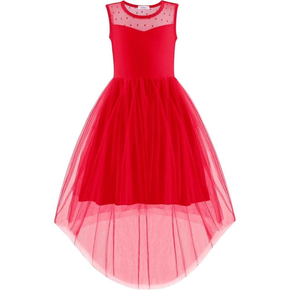imageArshiner Girls Dresses Formal Party Wedding Tulle Sleeveless Contrast Mesh High Low Dress with BeltRed