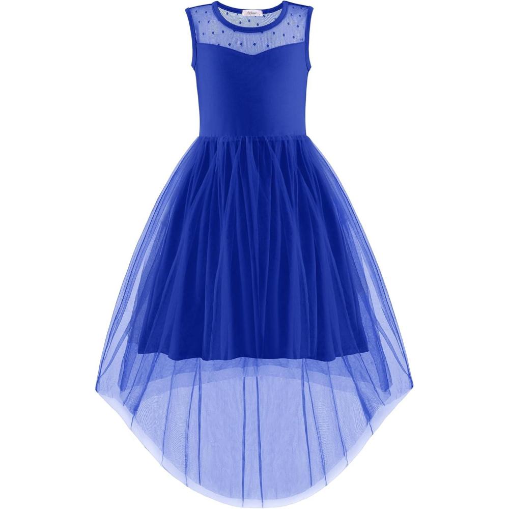 imageArshiner Girls Dresses Formal Party Wedding Tulle Sleeveless Contrast Mesh High Low Dress with BeltRoyal Blue