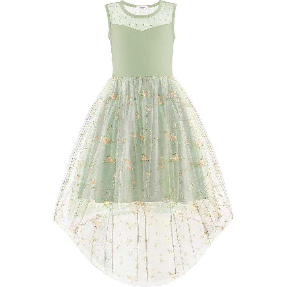 imageArshiner Girls Dresses Formal Party Wedding Tulle Sleeveless Contrast Mesh High Low Dress with BeltSage Floral