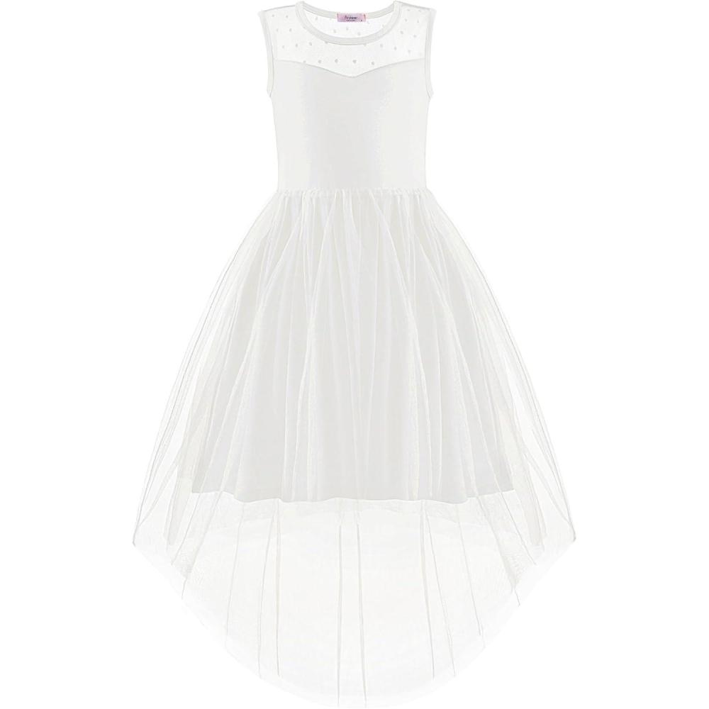 imageArshiner Girls Dresses Formal Party Wedding Tulle Sleeveless Contrast Mesh High Low Dress with BeltWhite