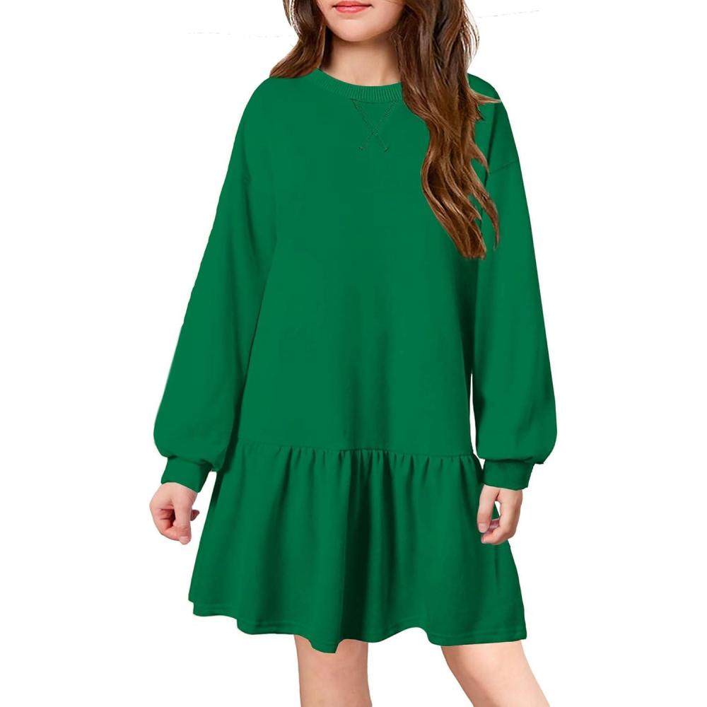 imageArshiner Girls Dresses Long Sleeve Pullover Tops Drop Shoulder Sweatshirt Casual Dress with PocketsGreen