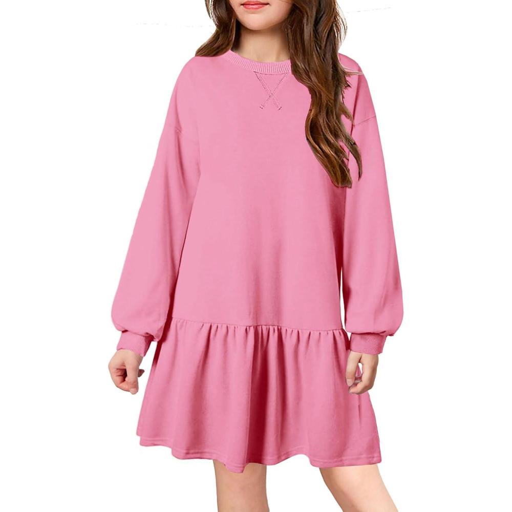 imageArshiner Girls Dresses Long Sleeve Pullover Tops Drop Shoulder Sweatshirt Casual Dress with PocketsHot Pink
