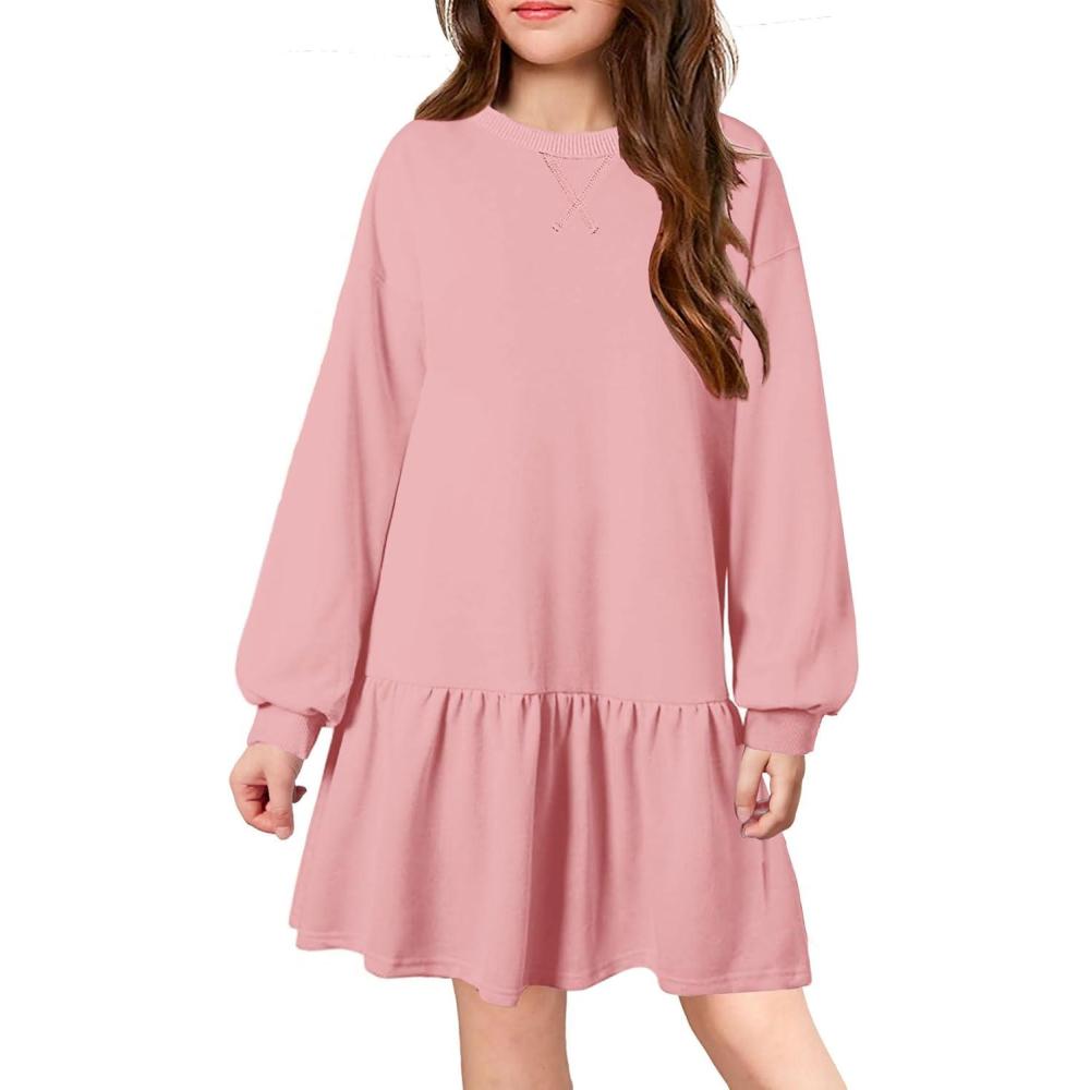 imageArshiner Girls Dresses Long Sleeve Pullover Tops Drop Shoulder Sweatshirt Casual Dress with PocketsPink