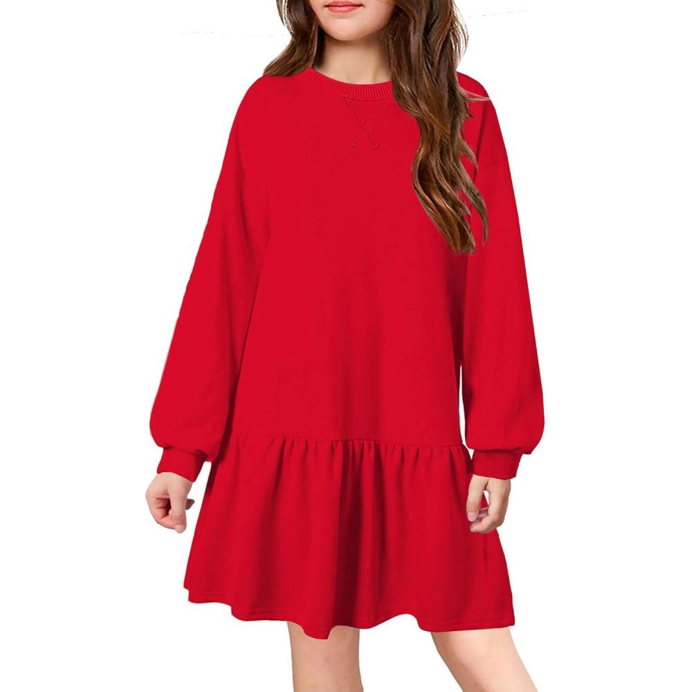 imageArshiner Girls Dresses Long Sleeve Pullover Tops Drop Shoulder Sweatshirt Casual Dress with PocketsRed