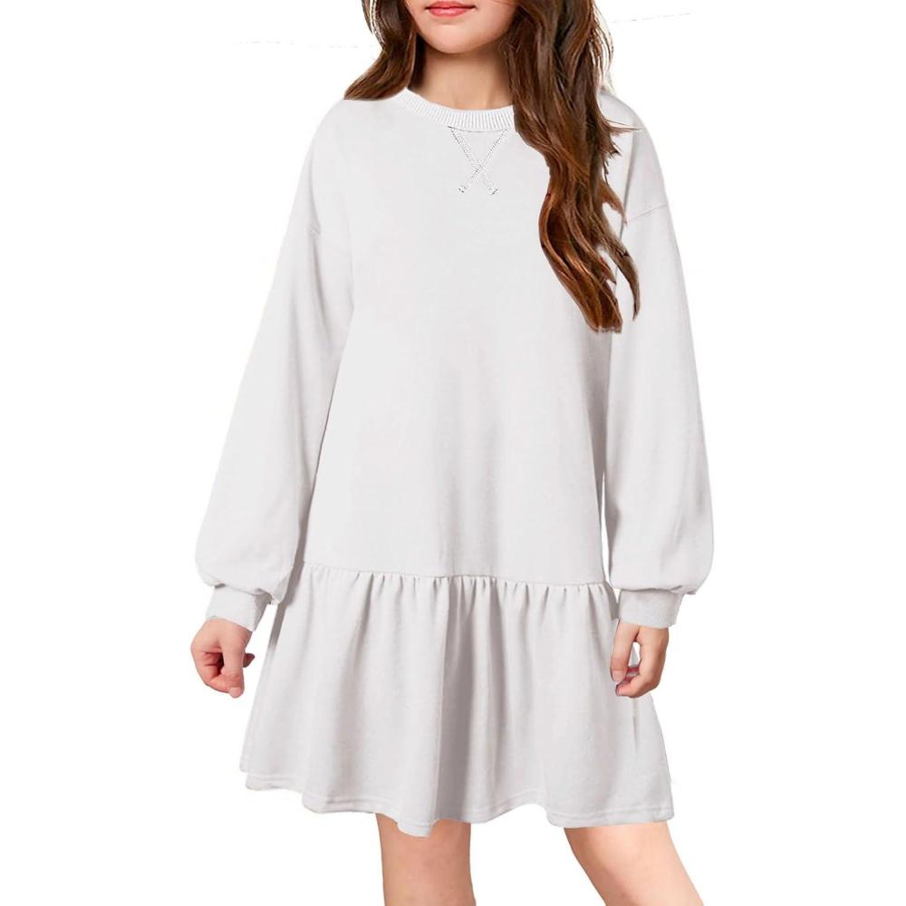 imageArshiner Girls Dresses Long Sleeve Pullover Tops Drop Shoulder Sweatshirt Casual Dress with PocketsWhite