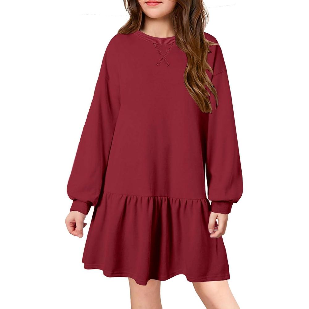 imageArshiner Girls Dresses Long Sleeve Pullover Tops Drop Shoulder Sweatshirt Casual Dress with PocketsWine Red