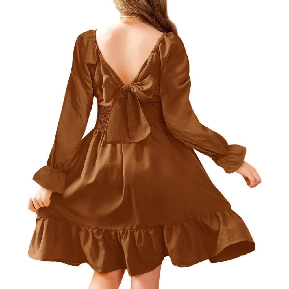 imageArshiner Girls Dresses Long Sleeve Tie Back Fall Winter Off Shoulder Dress Kids ClothesBrown