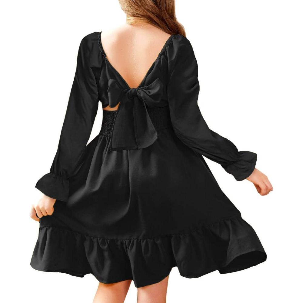 imageArshiner Girls Dresses Long Sleeve Tie Back Fall Winter Off Shoulder Dress Kids ClothesLsblack