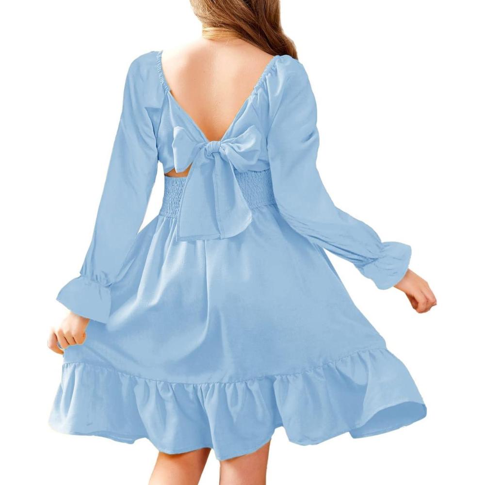 imageArshiner Girls Dresses Long Sleeve Tie Back Fall Winter Off Shoulder Dress Kids ClothesLsclear Blue