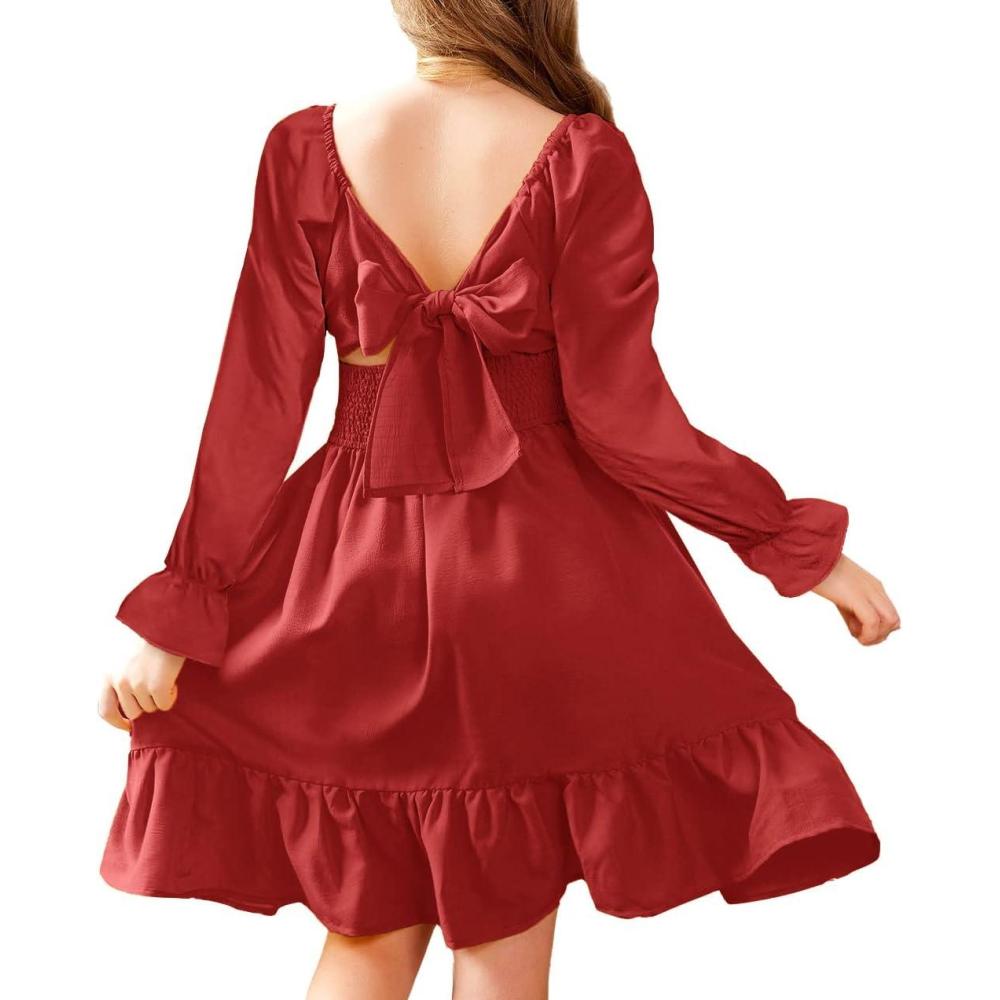 imageArshiner Girls Dresses Long Sleeve Tie Back Fall Winter Off Shoulder Dress Kids ClothesLsred