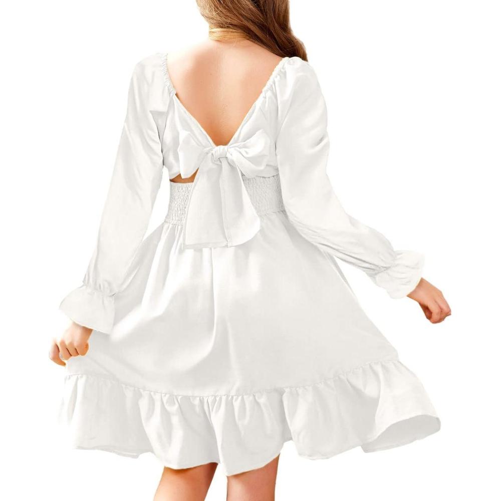 imageArshiner Girls Dresses Long Sleeve Tie Back Fall Winter Off Shoulder Dress Kids ClothesLswhite