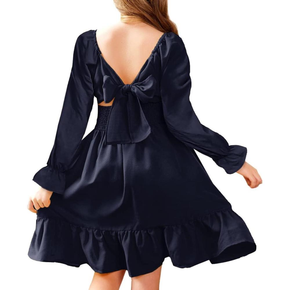 imageArshiner Girls Dresses Long Sleeve Tie Back Fall Winter Off Shoulder Dress Kids ClothesNavy Blue