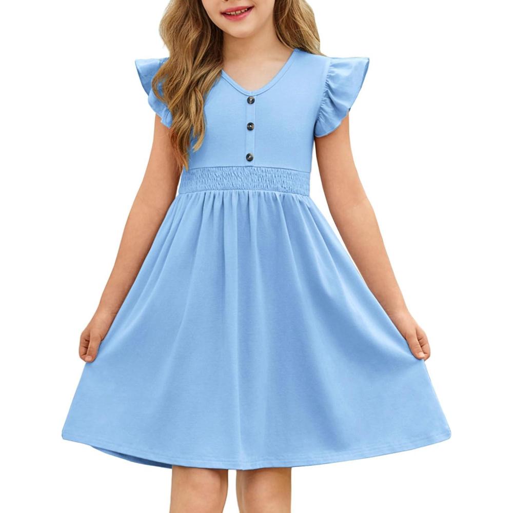 imageArshiner Girls Dresses Ruffle Sleeve ALine VNeck Sundress Summer Swing Midi Dress with PocketsLight Blue