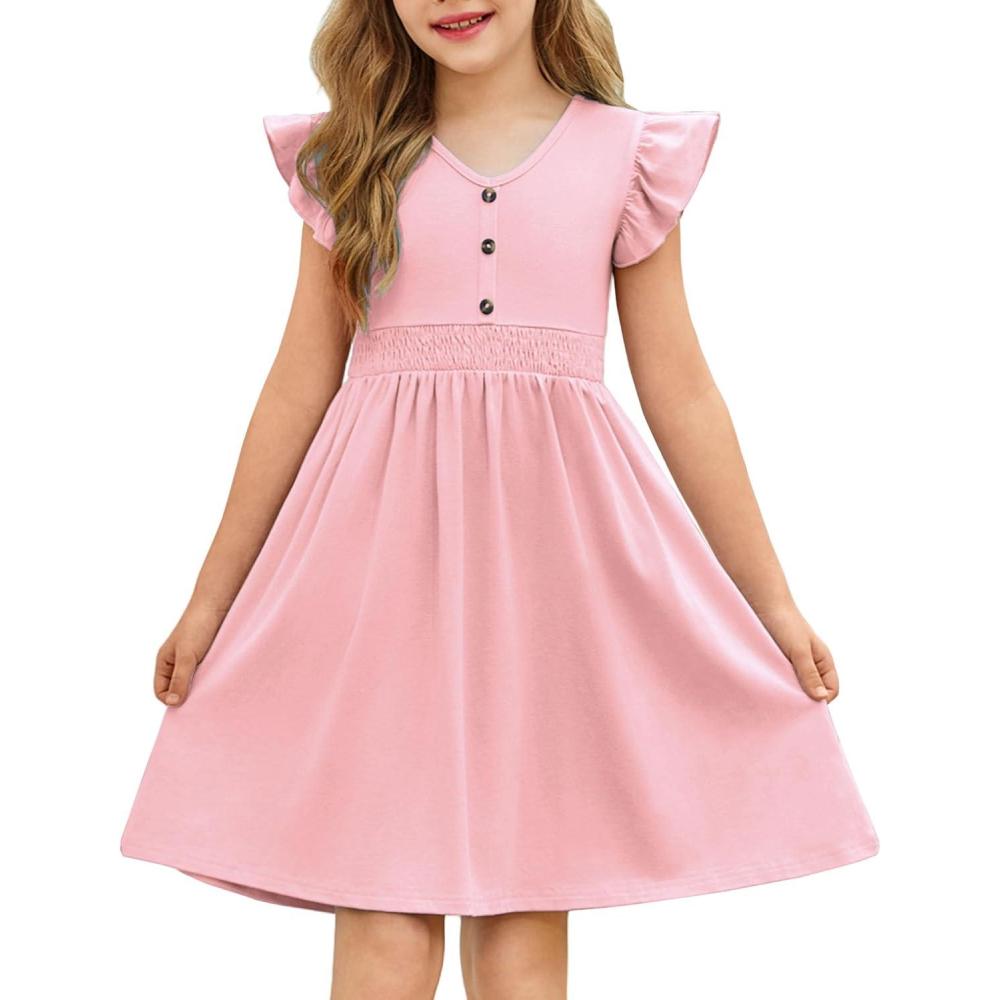 imageArshiner Girls Dresses Ruffle Sleeve ALine VNeck Sundress Summer Swing Midi Dress with PocketsPink