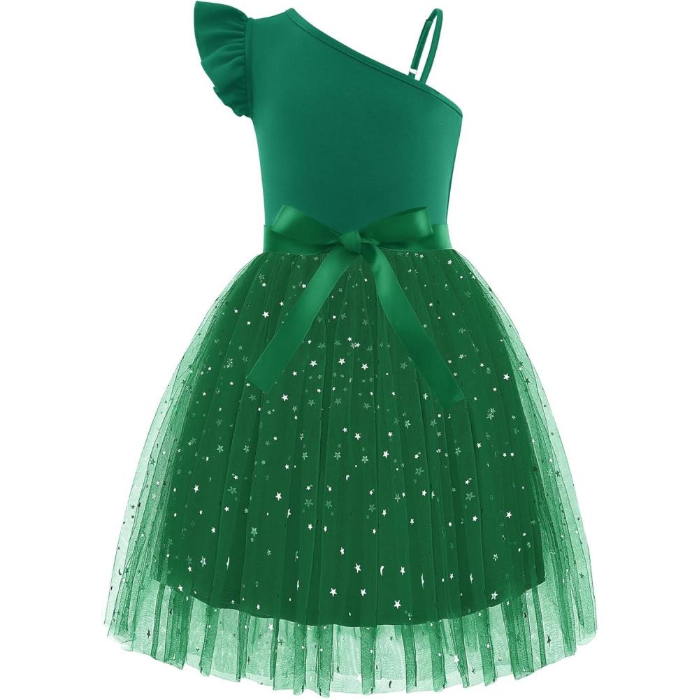 imageArshiner Girls Dresses Summer One Shoulder Ruffle Sleeveless Formal Fancy Party Birthday Tulle Dress with BeltedDark Green