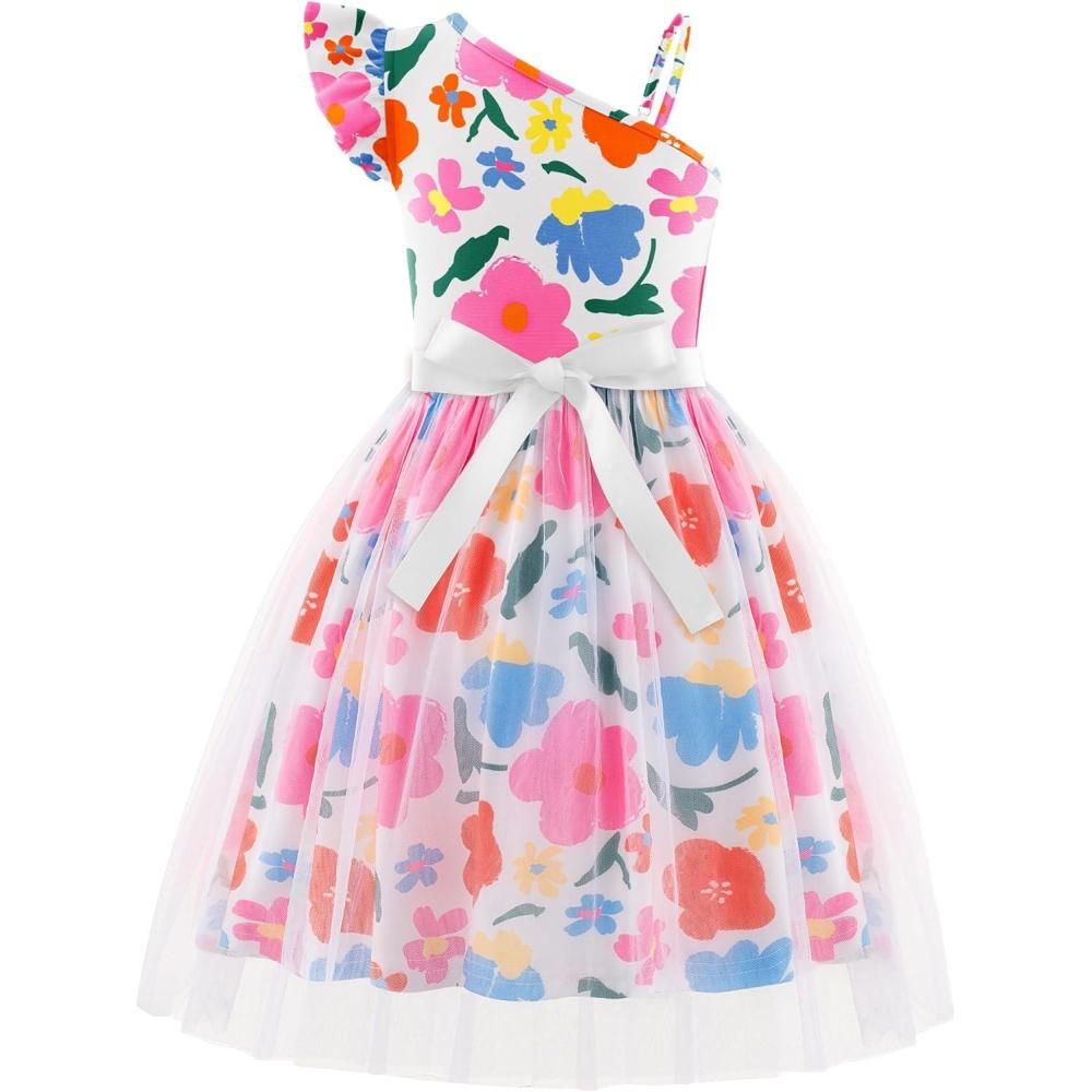 imageArshiner Girls Dresses Summer One Shoulder Ruffle Sleeveless Formal Fancy Party Birthday Tulle Dress with BeltedFloral on White