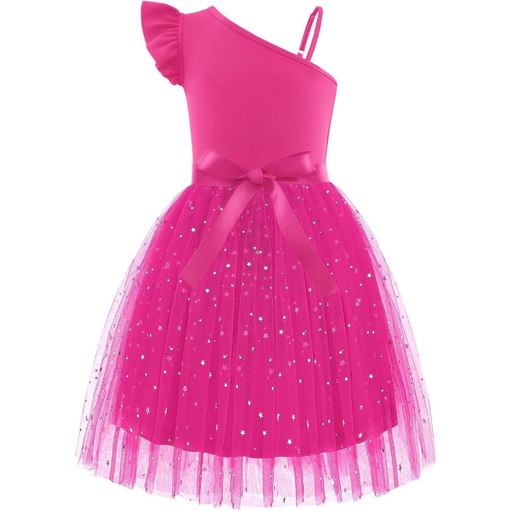 imageArshiner Girls Dresses Summer One Shoulder Ruffle Sleeveless Formal Fancy Party Birthday Tulle Dress with BeltedHot Pink