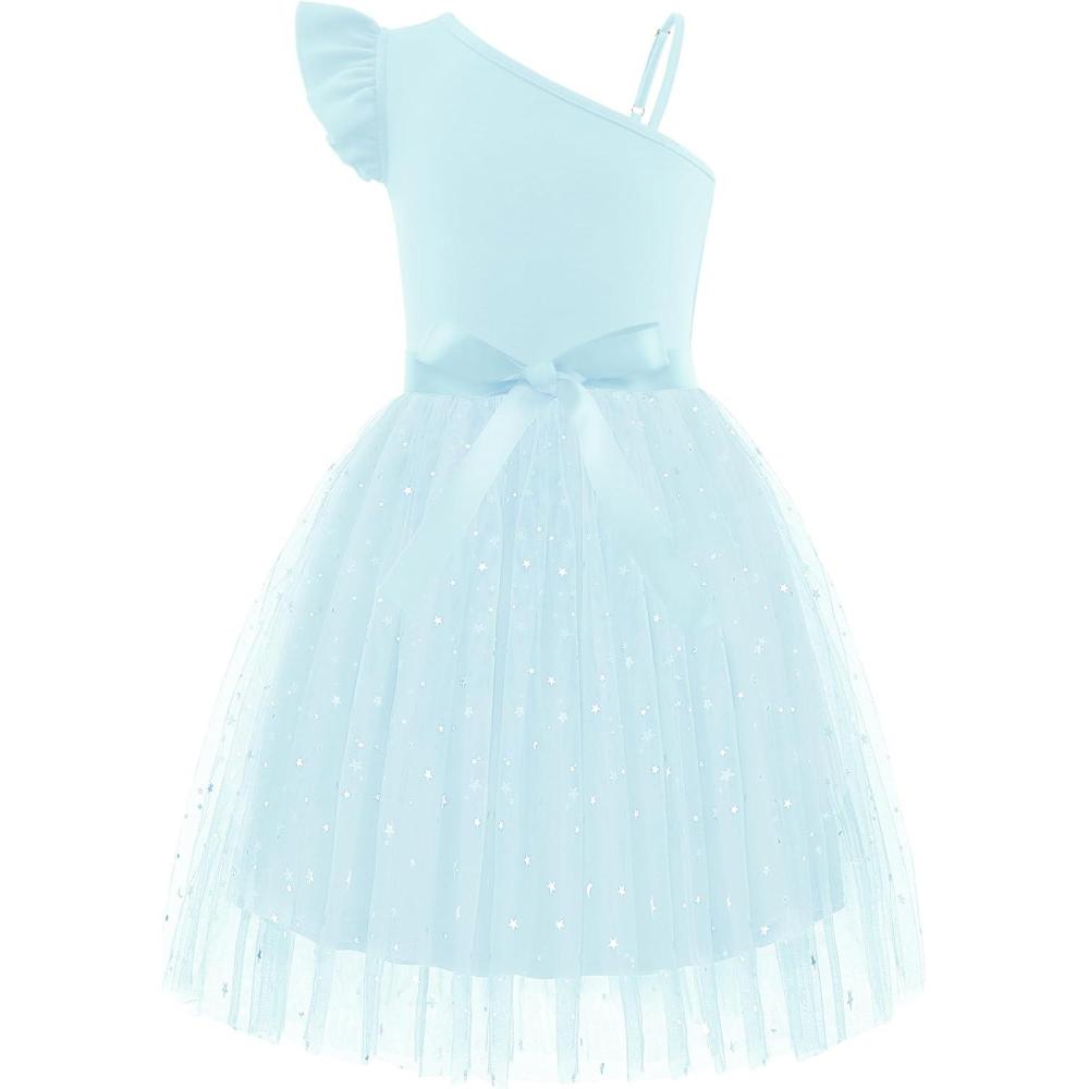 imageArshiner Girls Dresses Summer One Shoulder Ruffle Sleeveless Formal Fancy Party Birthday Tulle Dress with BeltedLight Blue