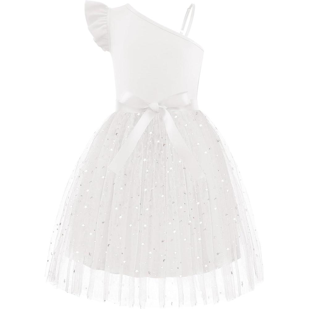 imageArshiner Girls Dresses Summer One Shoulder Ruffle Sleeveless Formal Fancy Party Birthday Tulle Dress with BeltedWhite