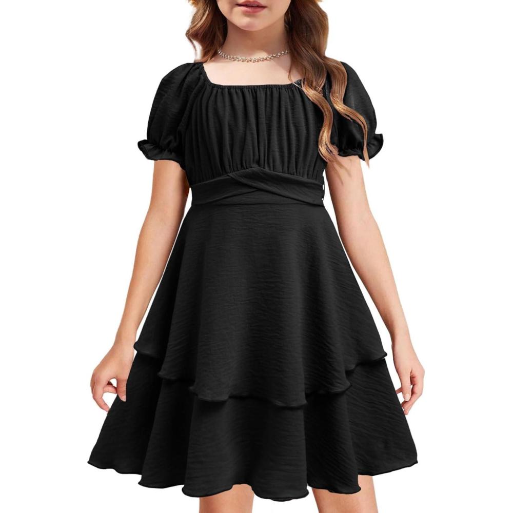 imageArshiner Girls Dresses Summer Short Sleeve Off Shoulder Ruffle Tiered Layer Party DressBlack