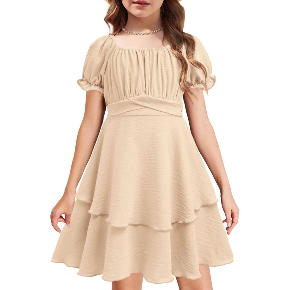 imageArshiner Girls Dresses Summer Short Sleeve Off Shoulder Ruffle Tiered Layer Party DressChampagne