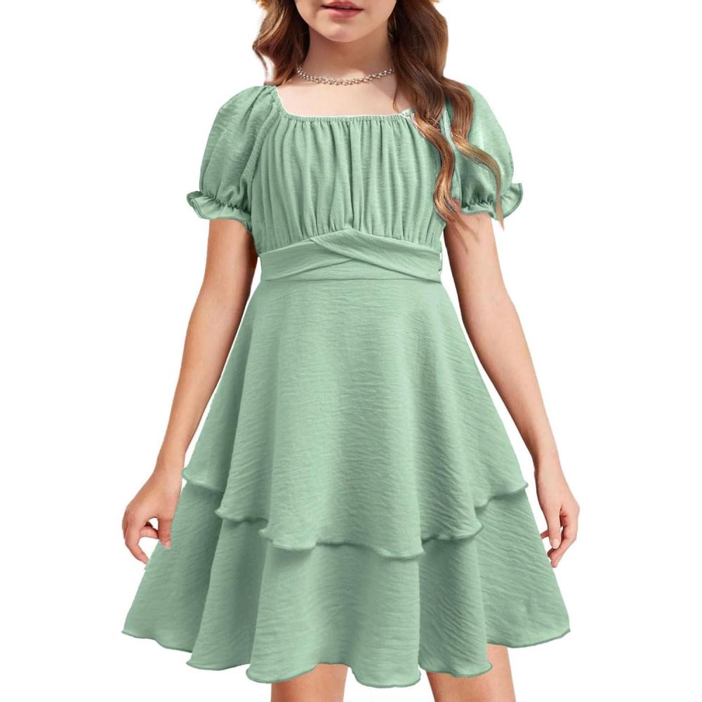 imageArshiner Girls Dresses Summer Short Sleeve Off Shoulder Ruffle Tiered Layer Party DressIce Green
