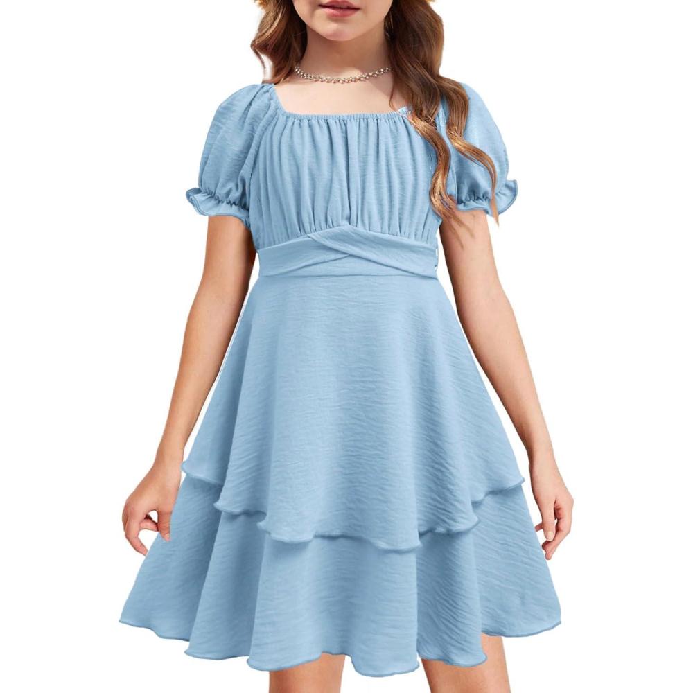 imageArshiner Girls Dresses Summer Short Sleeve Off Shoulder Ruffle Tiered Layer Party DressLight Blue