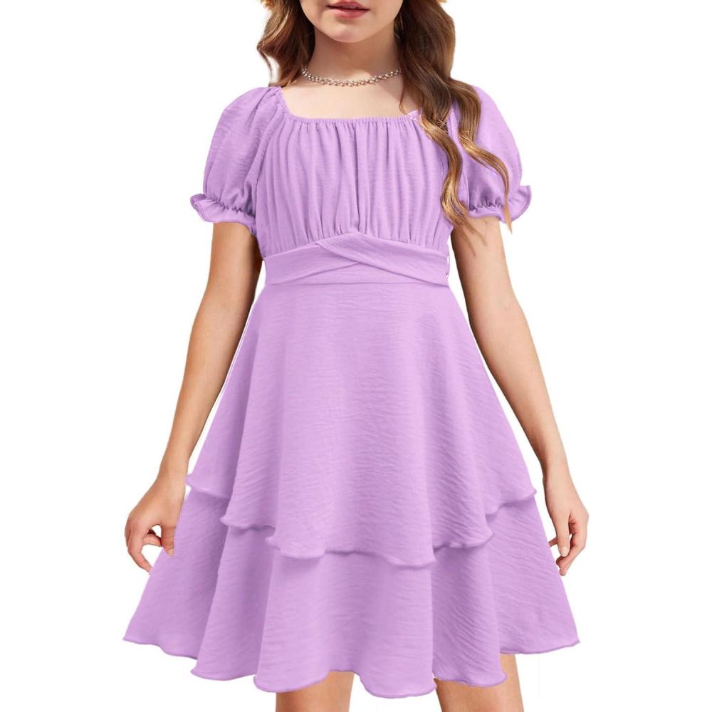 imageArshiner Girls Dresses Summer Short Sleeve Off Shoulder Ruffle Tiered Layer Party DressLilac