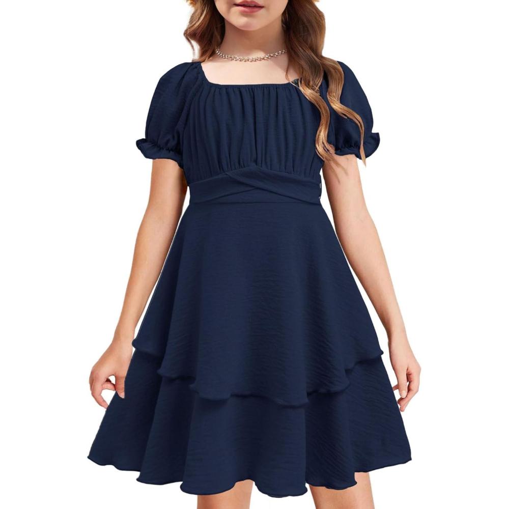 imageArshiner Girls Dresses Summer Short Sleeve Off Shoulder Ruffle Tiered Layer Party DressNavy Blue