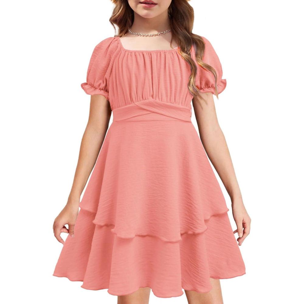 imageArshiner Girls Dresses Summer Short Sleeve Off Shoulder Ruffle Tiered Layer Party DressOrange Pink