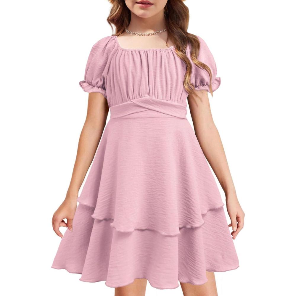 imageArshiner Girls Dresses Summer Short Sleeve Off Shoulder Ruffle Tiered Layer Party DressPink