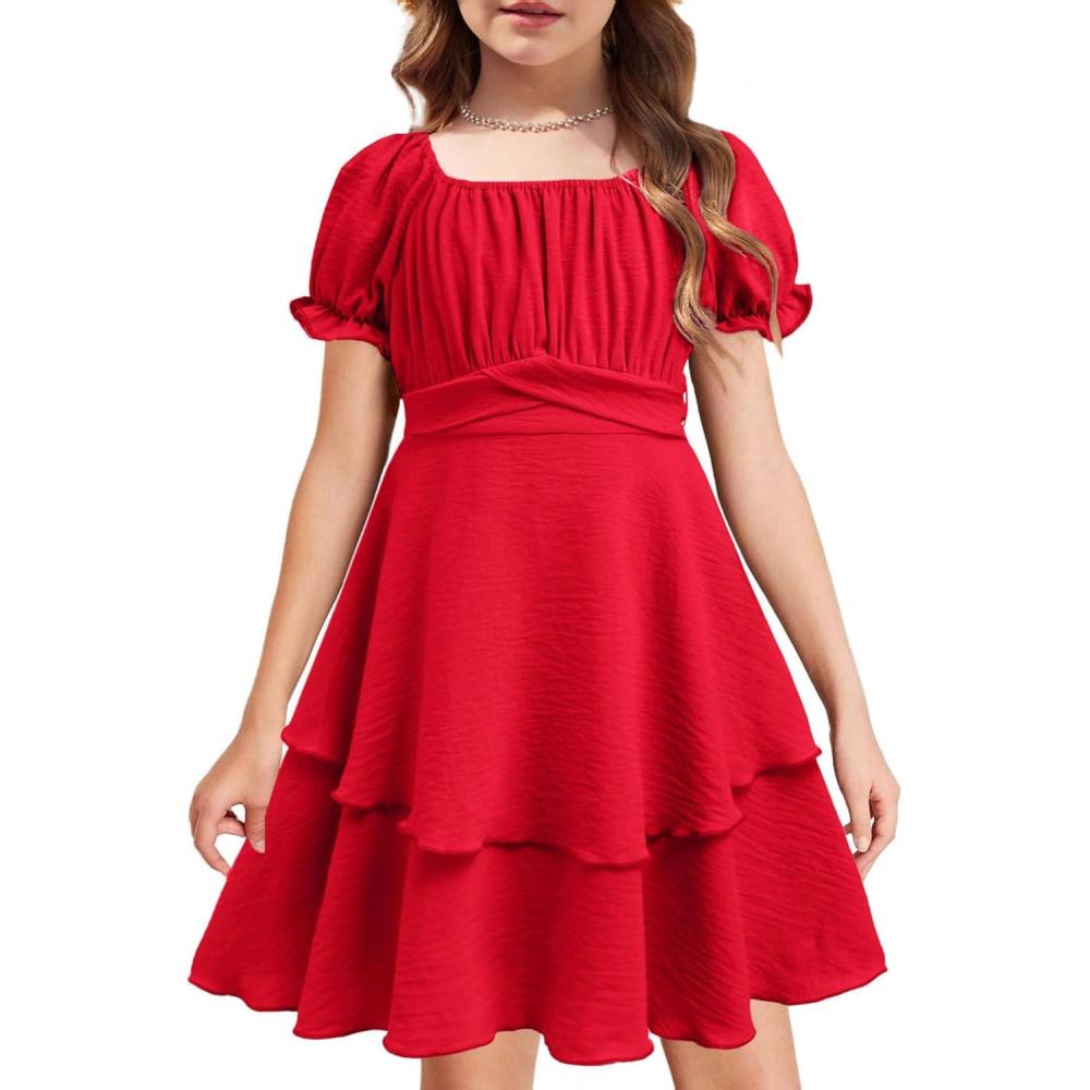 imageArshiner Girls Dresses Summer Short Sleeve Off Shoulder Ruffle Tiered Layer Party DressRed
