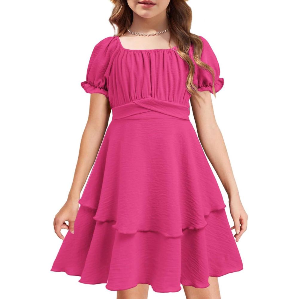 imageArshiner Girls Dresses Summer Short Sleeve Off Shoulder Ruffle Tiered Layer Party DressRose Red