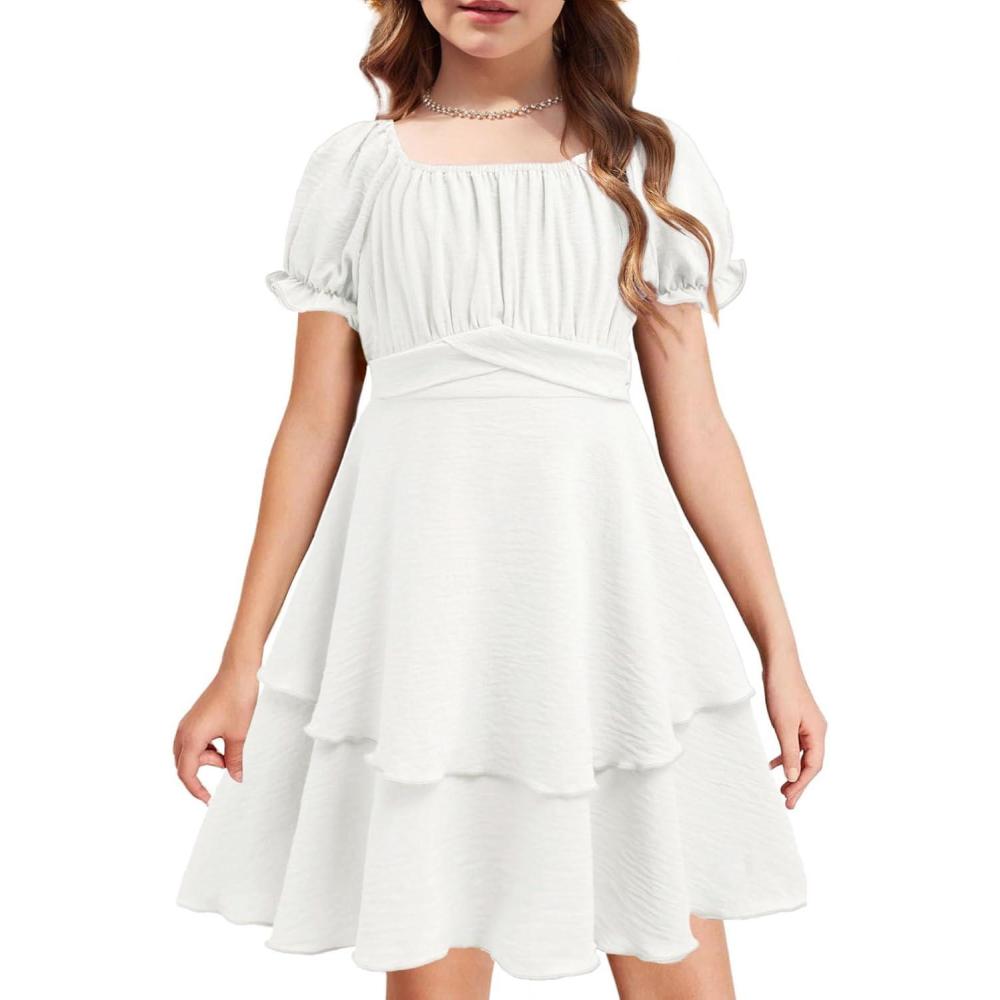 imageArshiner Girls Dresses Summer Short Sleeve Off Shoulder Ruffle Tiered Layer Party DressWhite