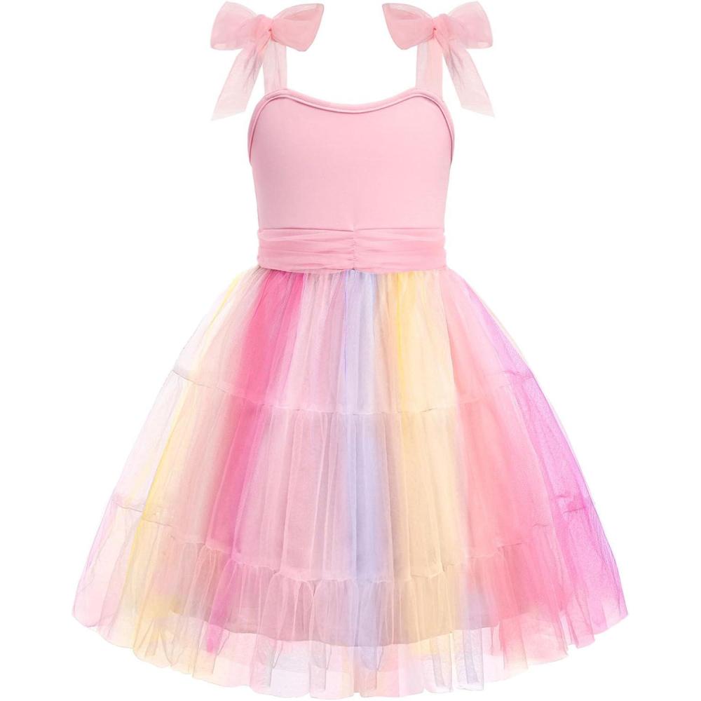 imageArshiner Girls Dresses Summer Sleeveless BowTie Straps Formal Fancy Party Birthday Tulle DressRainbow Pink