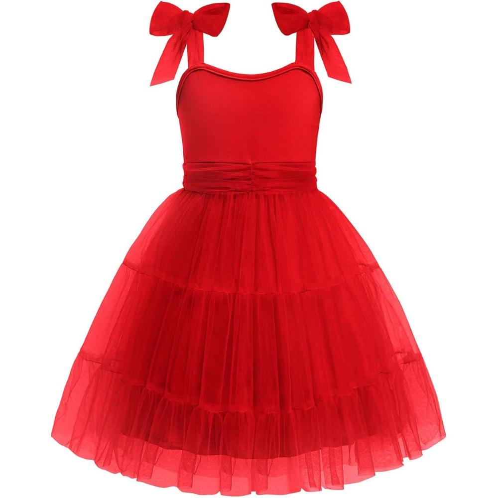 imageArshiner Girls Dresses Summer Sleeveless BowTie Straps Formal Fancy Party Birthday Tulle DressRed