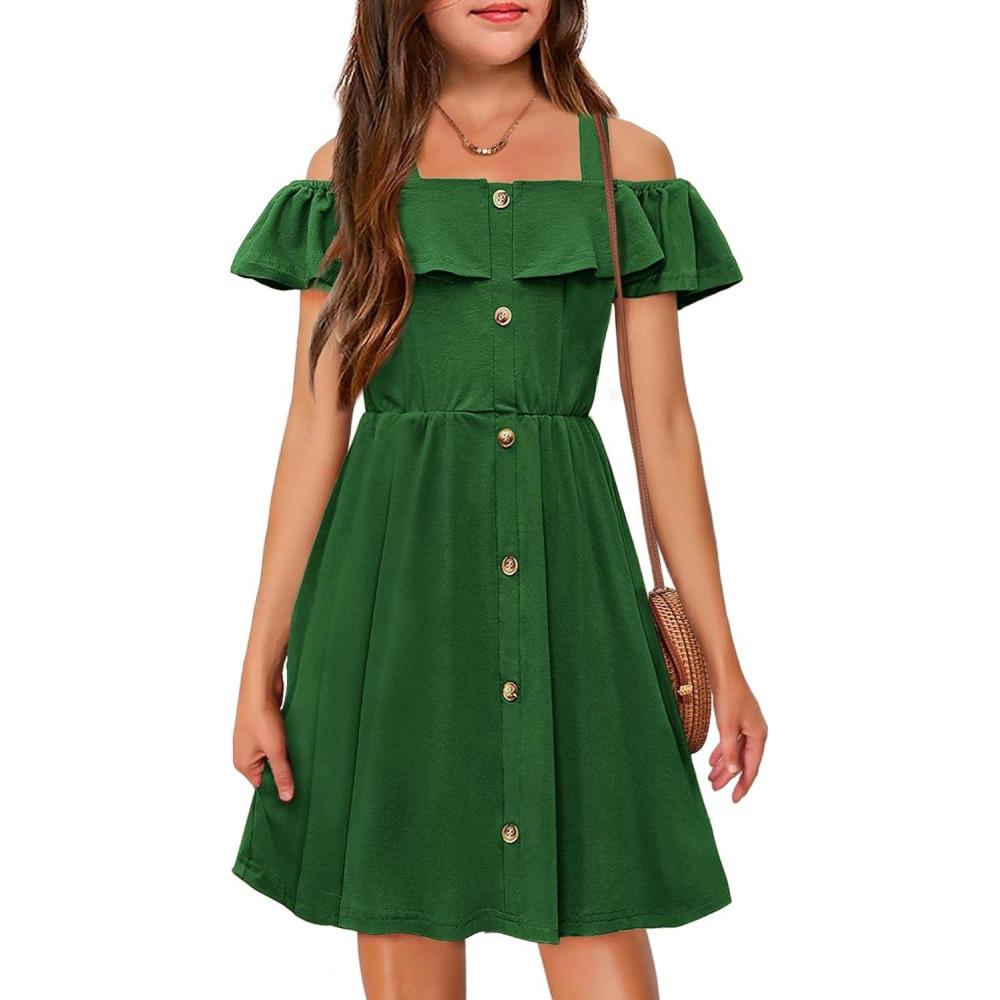 imageArshiner Girls Dresses Summer Spaghetti Strap Cold Shoulder Ruffle Button Down A Line DressesGreen