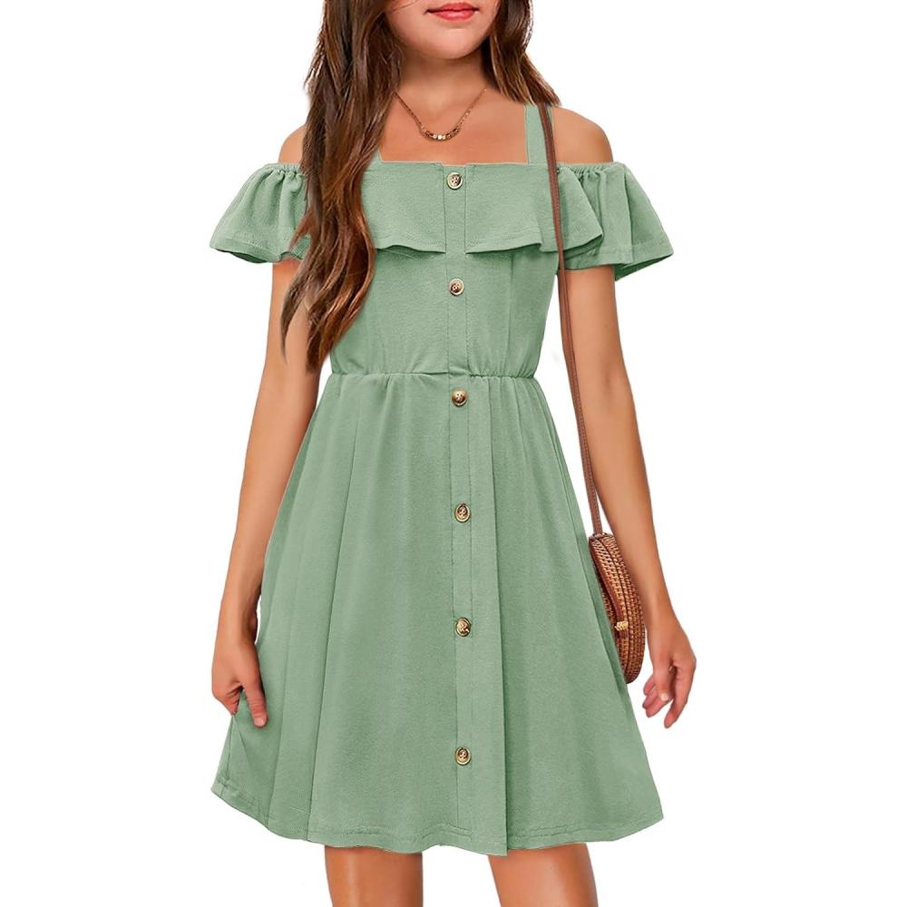 imageArshiner Girls Dresses Summer Spaghetti Strap Cold Shoulder Ruffle Button Down A Line DressesLight Green