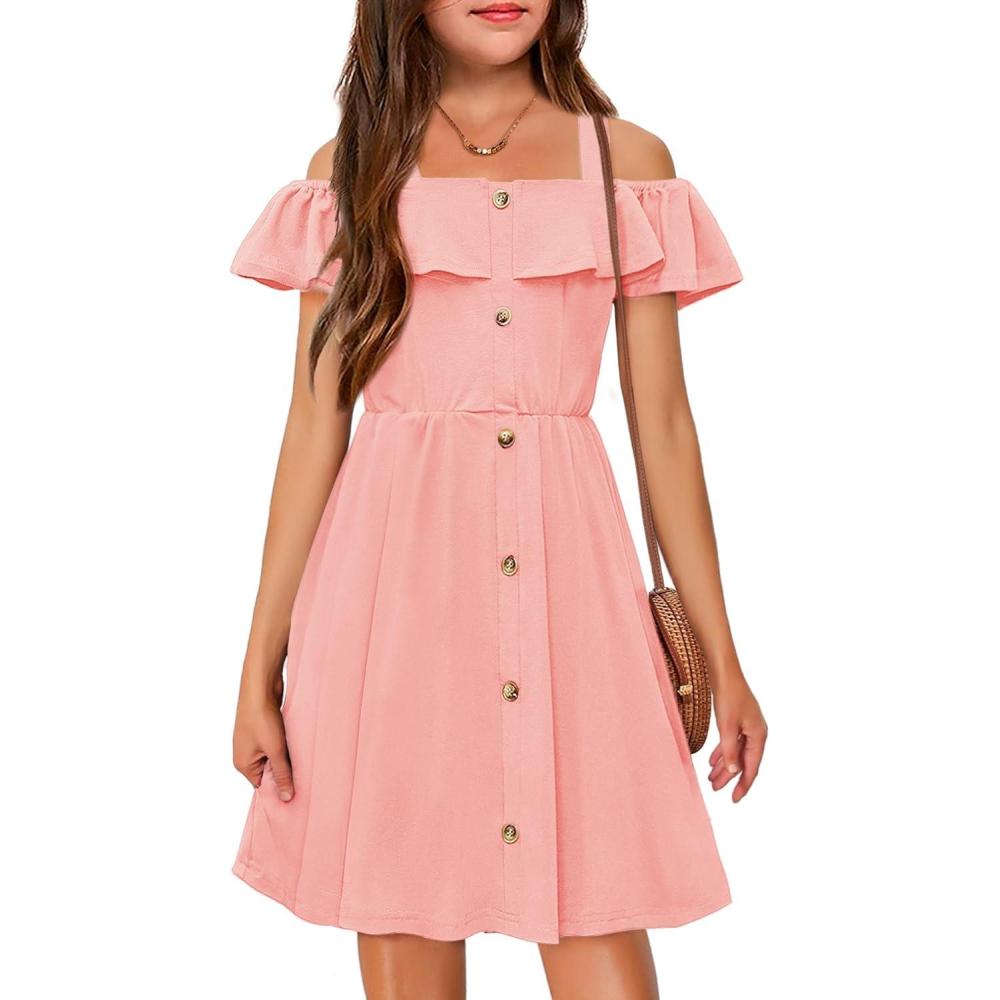 imageArshiner Girls Dresses Summer Spaghetti Strap Cold Shoulder Ruffle Button Down A Line DressesLight Pink