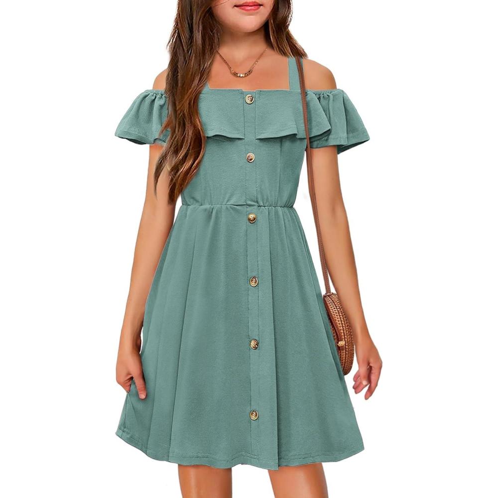 imageArshiner Girls Dresses Summer Spaghetti Strap Cold Shoulder Ruffle Button Down A Line DressesMint Green