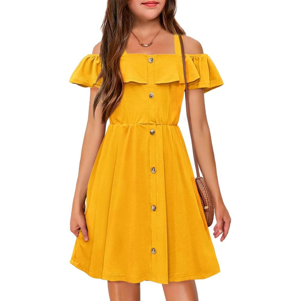 imageArshiner Girls Dresses Summer Spaghetti Strap Cold Shoulder Ruffle Button Down A Line DressesMustard