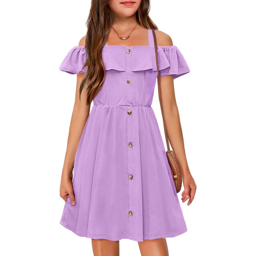 imageArshiner Girls Dresses Summer Spaghetti Strap Cold Shoulder Ruffle Button Down A Line DressesPurple