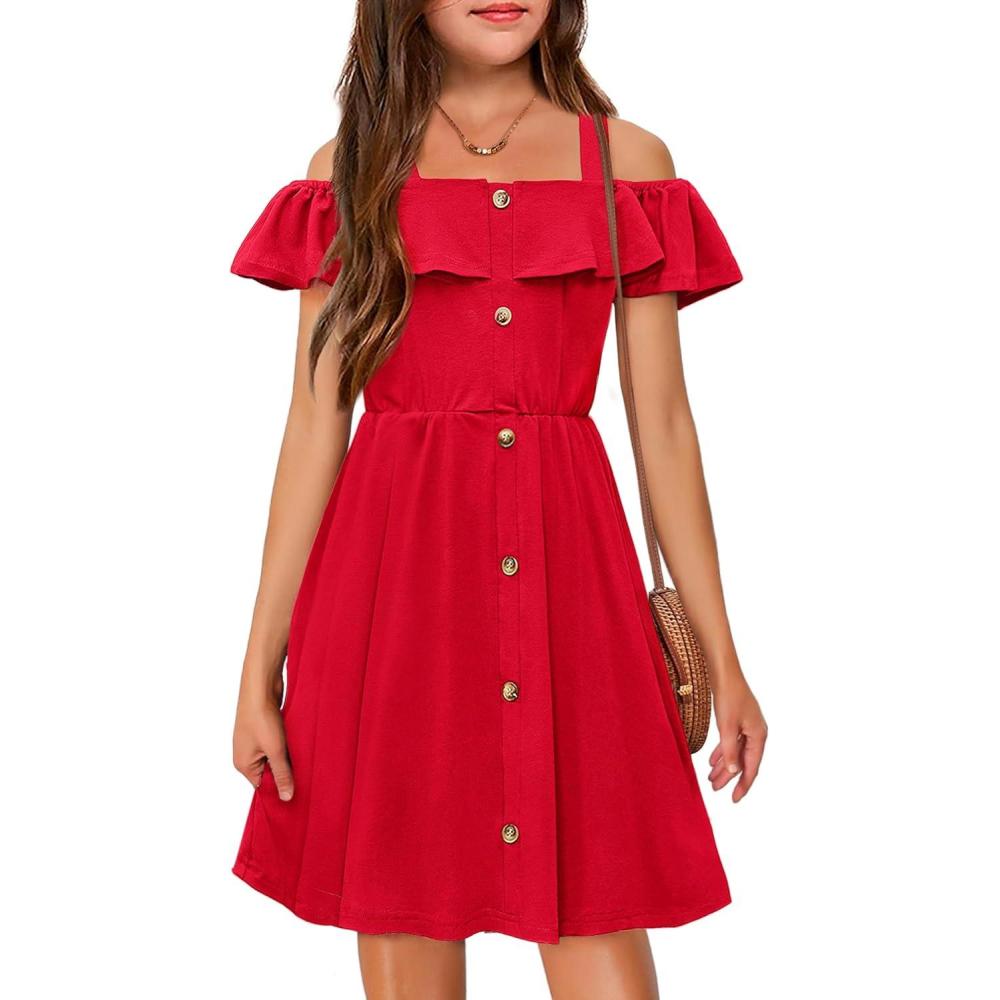 imageArshiner Girls Dresses Summer Spaghetti Strap Cold Shoulder Ruffle Button Down A Line DressesRed