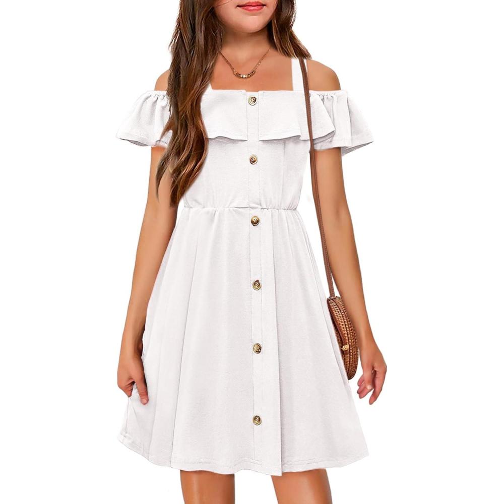 imageArshiner Girls Dresses Summer Spaghetti Strap Cold Shoulder Ruffle Button Down A Line DressesWhite