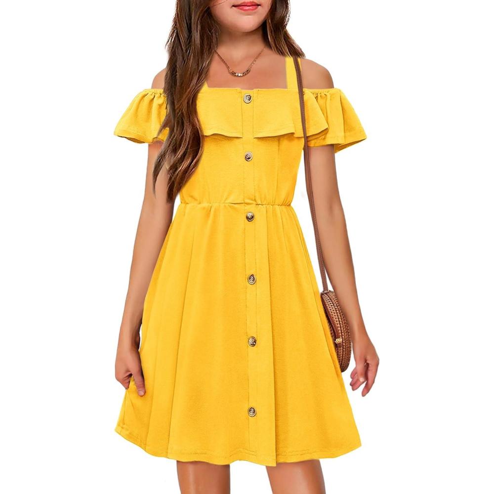 imageArshiner Girls Dresses Summer Spaghetti Strap Cold Shoulder Ruffle Button Down A Line DressesYellow