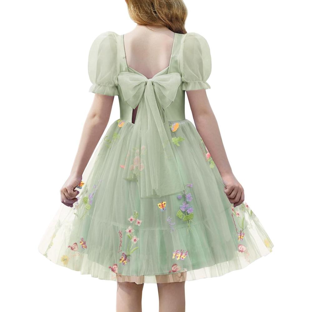 imageArshiner Girls Dresses Tulle Bow Tie Back Puff Sleeve Party Holiday Spring Summer Dress for 616Green Pattern