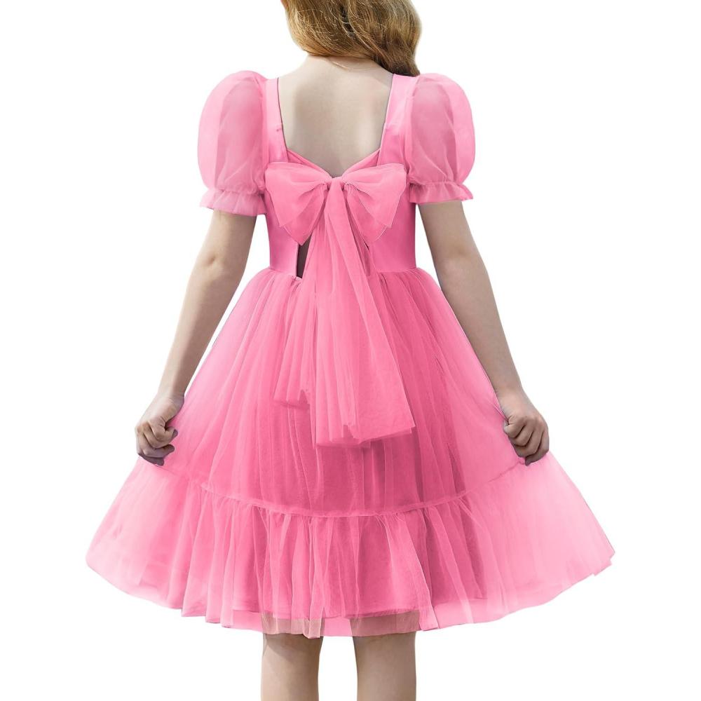 imageArshiner Girls Dresses Tulle Bow Tie Back Puff Sleeve Party Holiday Spring Summer Dress for 616Hot Pink