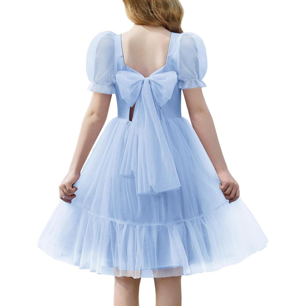 imageArshiner Girls Dresses Tulle Bow Tie Back Puff Sleeve Party Holiday Spring Summer Dress for 616Light Blue
