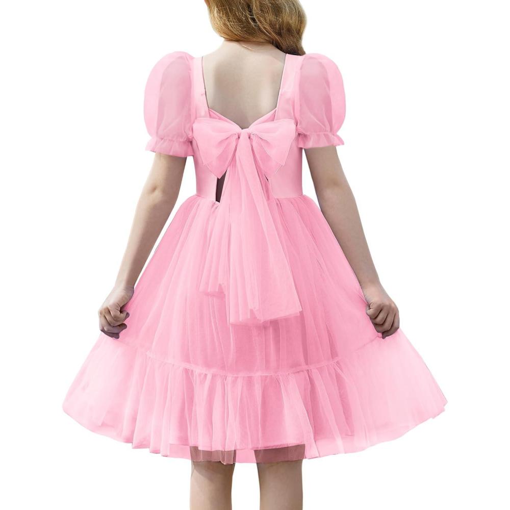 imageArshiner Girls Dresses Tulle Bow Tie Back Puff Sleeve Party Holiday Spring Summer Dress for 616Light Pink